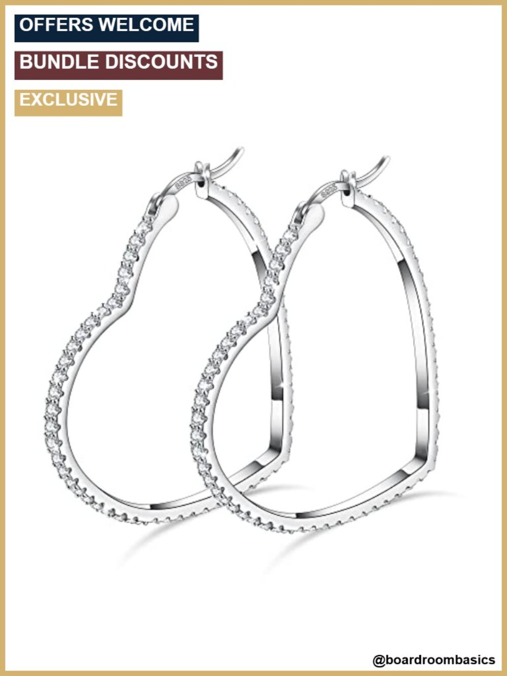Sterling Silver Hoop Earrings Cubic Zirconia Heart 30mm Gift